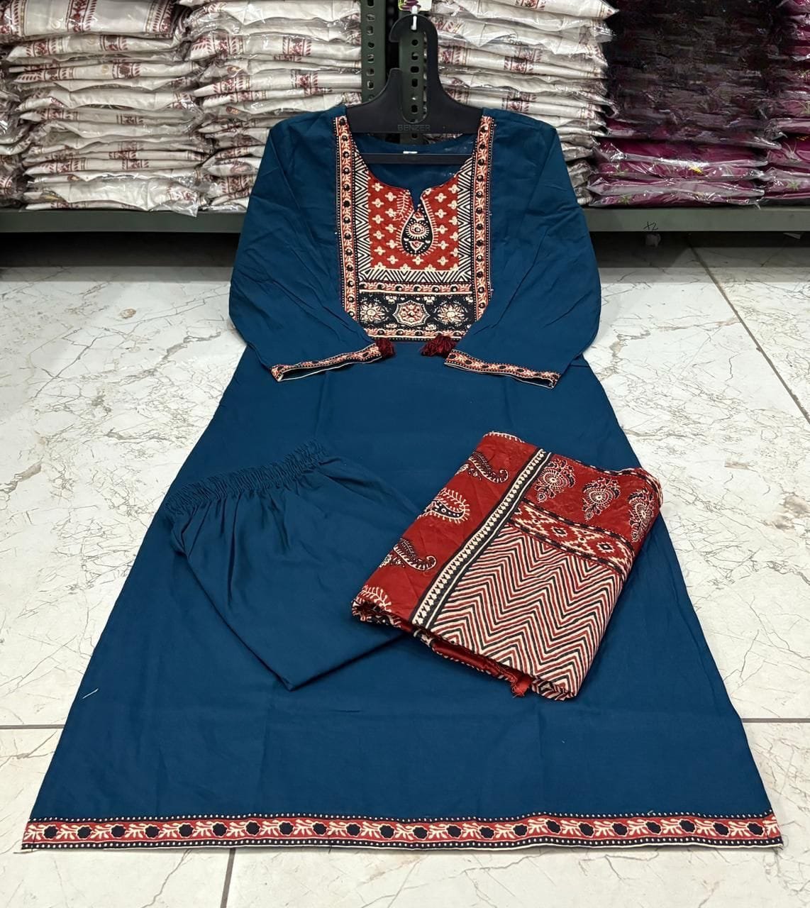 Blue Voluminous Cotton Suit Set with Dupatta